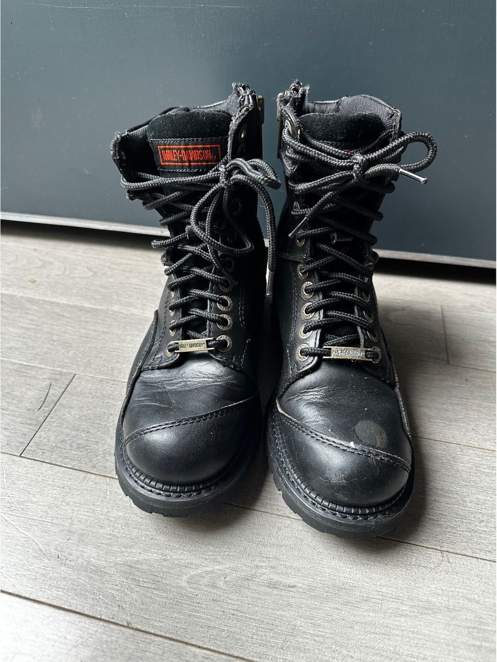 Women’s HD Harley-Davidson Black Leather Combat Biker Boots Side Zipper Size 7.5